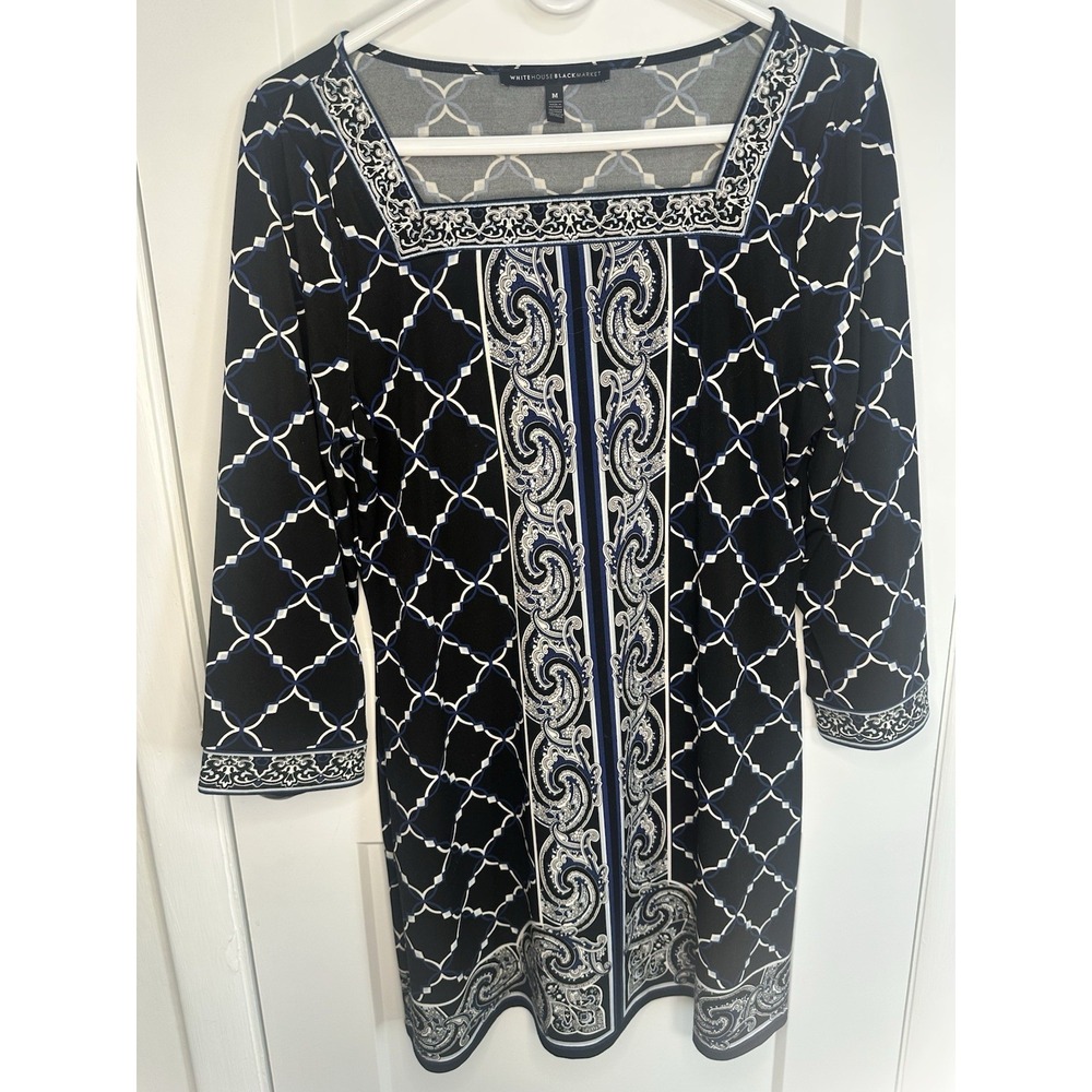 White House Black Market Matte Jersey‎ Printed Tunic Blouse Top M Black Floral